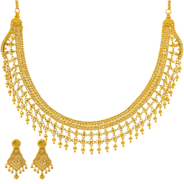 22K Yellow Gold Necklace Earring Set (56.7gm) | 



Discover the allure of luxurious fine gold Indian jewelry with this 22k necklace set with mat...