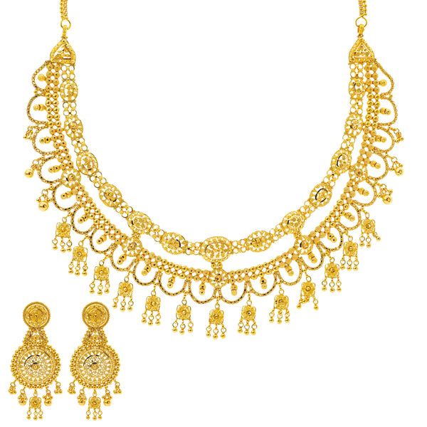 22K Yellow Gold Necklace & Chandbali Earring Set (67.7gm) | 



Fine gold craftsmanship shines in this 22k gold necklace and Chandbali earring set, a stunnin...