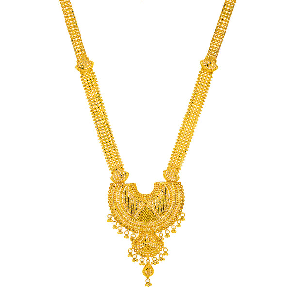 22K Yellow Gold Bridal Necklace & Jhumki Earring Set (92.4 grams) | 



This 22k yellow gold necklace and earring set by Virani Jewelers captures the essence of trad...