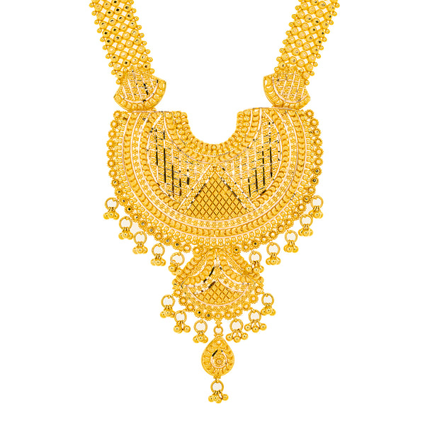 22K Yellow Gold Bridal Necklace & Jhumki Earring Set (92.4 grams) | 



This 22k yellow gold necklace and earring set by Virani Jewelers captures the essence of trad...