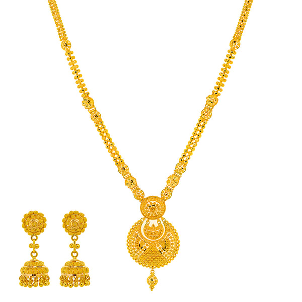 22K Yellow Gold Bridal Necklace & Jhumki Earring Set (44.3 grams) |  




Virani Jewelers presents a 22k yellow gold necklace and Jhumki earring set that beautifully...