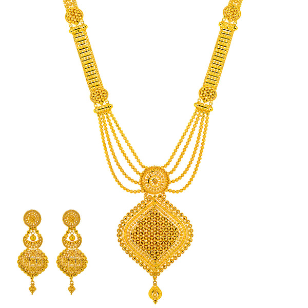 22K Yellow Gold Bridal Necklace & Jhumki Earring Set (88.7 grams) |  




22k yellow gold necklace and earring set by Virani Jewelers celebrates the elegance of Indi...