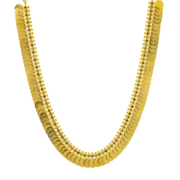 22K Yellow Gold 26-inch Kasu Necklace w/ Emerald & Ruby Accents (71.1gm) | 



Virani Jewelers presents this charming and sophisticated 22k yellow gold Kasu necklace with r...