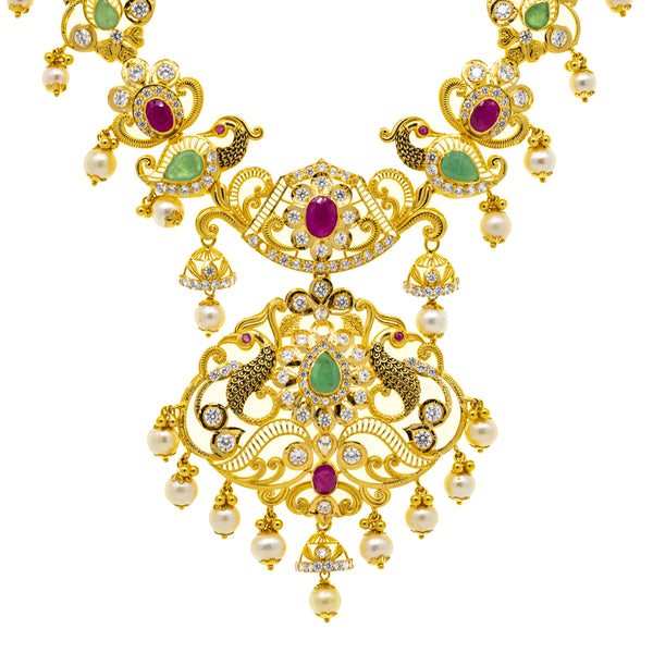 22K Yellow Gold 28 Inch Necklace w/ Emerald, Ruby, CZ, Pearl and Antique Accents (81.8gm) | 



This 22k yellow gold necklace by Virani Jewelers is a masterpiece of traditional Indian craft...