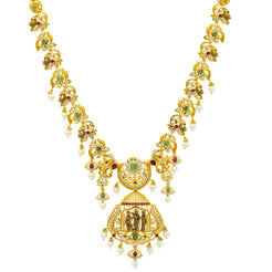 22K Yellow Gold 30 Inch Temple Necklace w/ Emerald, Ruby, CZ, Pearls & Antique Accents (83.7gm)