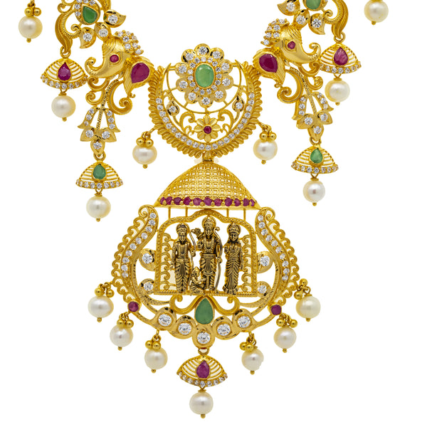 22K Yellow Gold 30 Inch Temple Necklace w/ Emerald, Ruby, CZ, Pearls & Antique Accents (83.7gm) | 



Experience the luxurious blend of tradition and elegance with this 22k gold Temple necklace b...