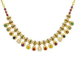 22K Yellow Gold 18 Inch Temple Necklace w/ Emerald, Ruby, CZ, Sapphire & Pearls (37.6gm)