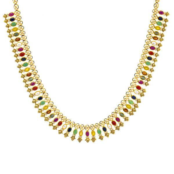 22K Yellow Gold 24 Inch Necklace w/ Emerald, Ruby, CZ, & Sapphire (65.5gm) | 



Crafted with precision and elegance, this beautiful 22k yellow gold necklace from Virani Jewe...