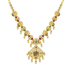 22K Yellow Gold 20 Inch Temple Necklace w/ Emerald, Ruby, CZ, & Pearls (44.2gm)