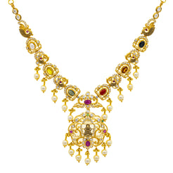 22K Yellow Gold 20 Inch Temple Necklace w/ Emerald, Ruby, CZ, Pearls & Sapphires (46.7gm)