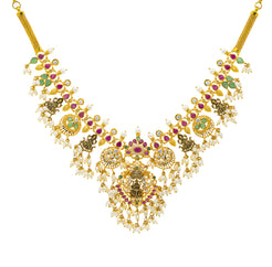 22K Yellow Gold 20 Inch Guttapusalu Temple Necklace w/ Emerald, Ruby, CZ, & Pearl (59gm)