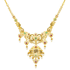 22K Yellow Gold 20 Inch Temple Necklace w/ Emerald, Ruby, Pearls & CZ (50.1gm)