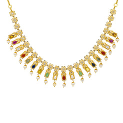 22K Yellow Gold 18 Inch Necklace w/ Emerald, Ruby, Pearls, Sapphire & CZ (36gm)