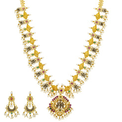 22K Yellow Gold Temple Necklace Set w/ Emerald, Ruby, Pearls & CZ (111.3gm)