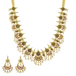 22K Yellow Gold Guttapusalu Necklace Set w/ Emerald, Ruby, Pearls & CZ (103.8gm)