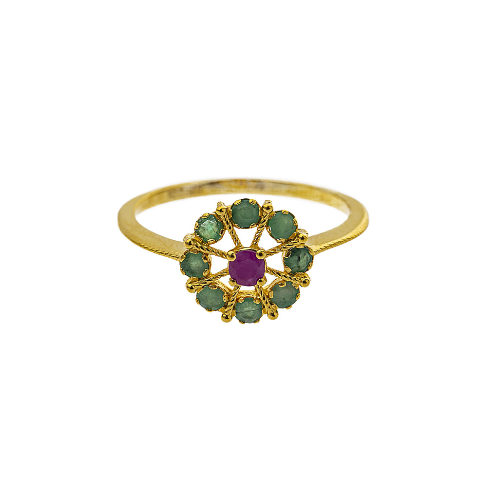 22K Yellow Gold, Emerald, & Ruby Cocktail (2.4gm) | 



Radiate elegance with this exquisite 22k gold ring by Virani Jewelers, adorned with emerald a...