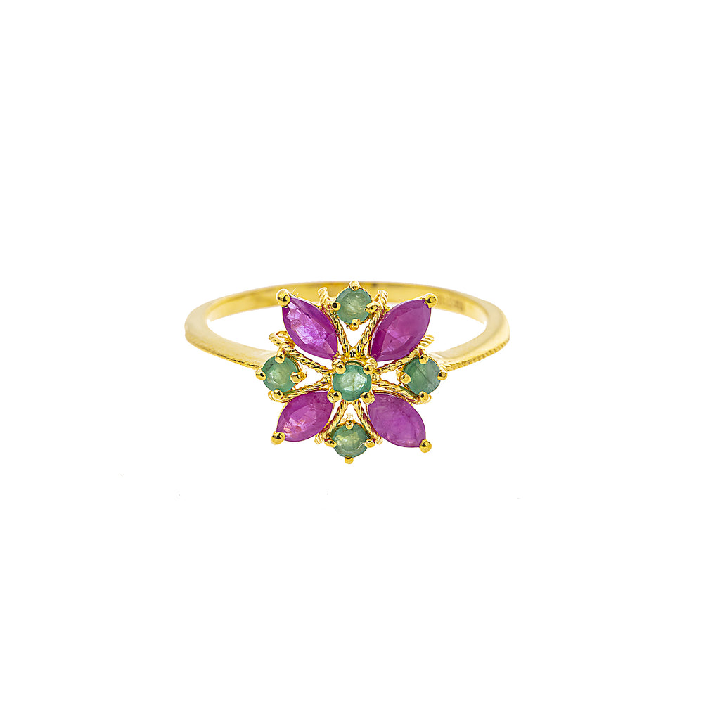 22K Yellow Gold, Emerald & Ruby Cocktail (2.7gm) | 



Capture the allure of fine gold jewelry with this 22k gold ring bu Virani Jewelers, featuring...