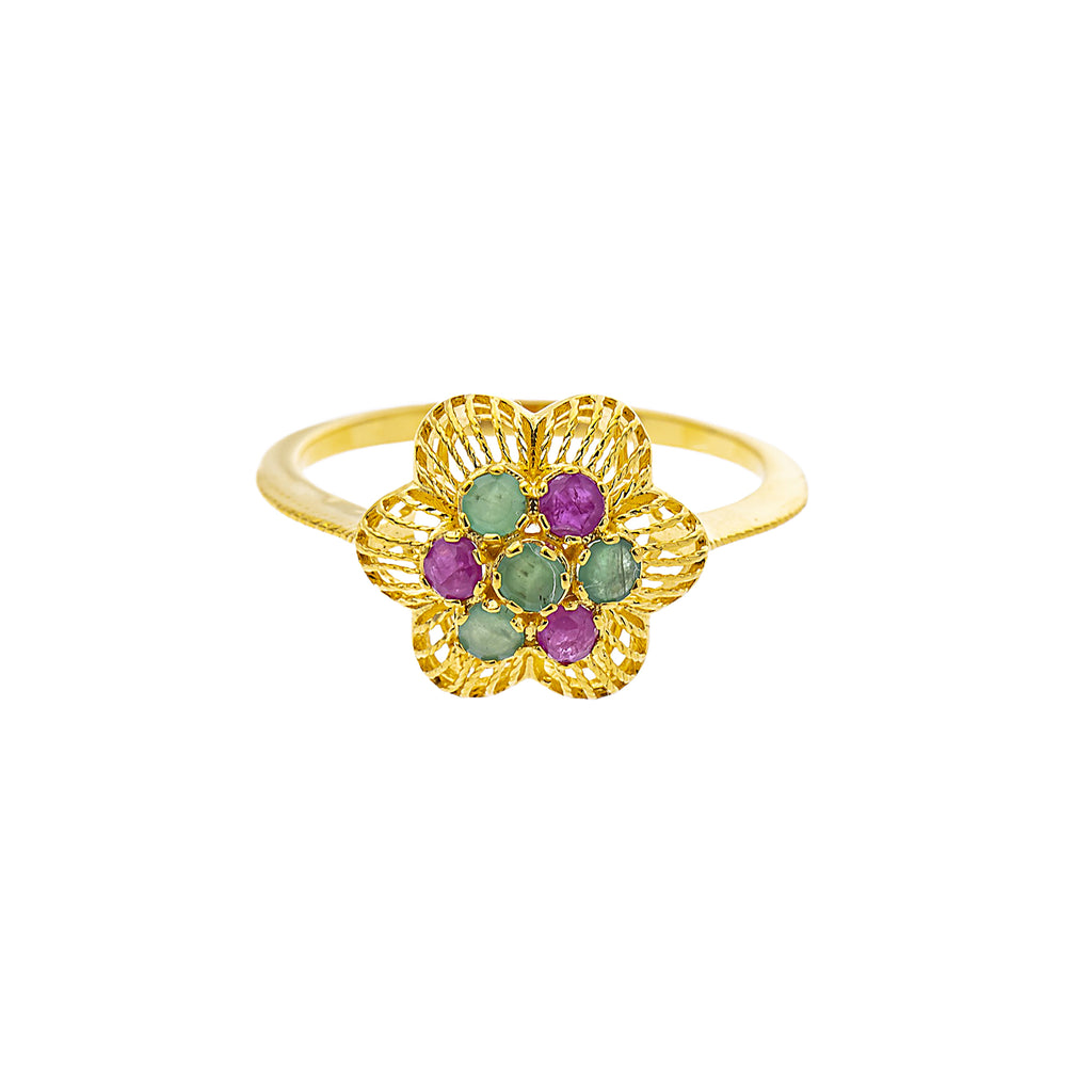 22K Yellow Gold, Emerald & Ruby Cocktail (2.8gm) | 



Adorn your hand with this radiant 22k gold ring by Virani Jewelers, showcasing emerald and ru...