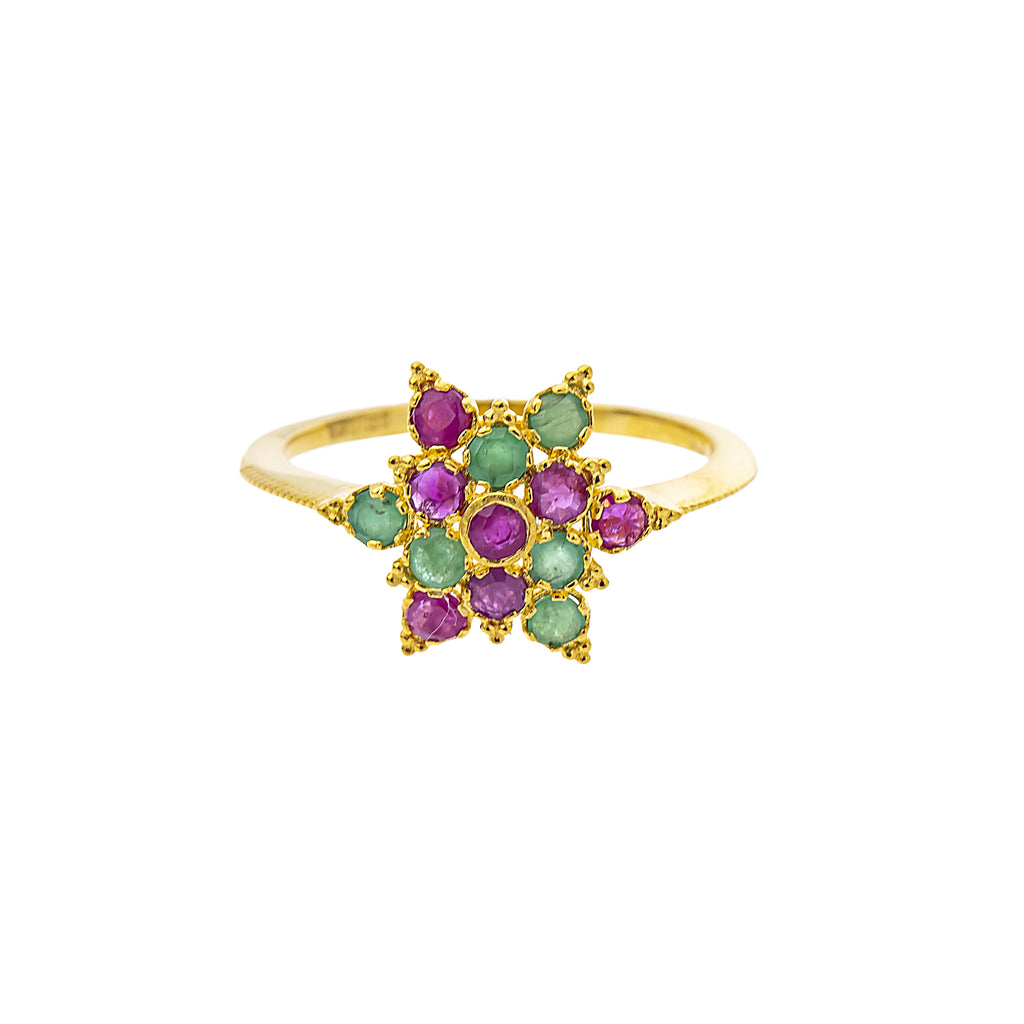 22K Yellow Gold, Emerald & Ruby Cocktail (2.2gm) | 



Celebrate timeless beauty with this 22k gold ring by Virani, accented by emerald and rubies, ...