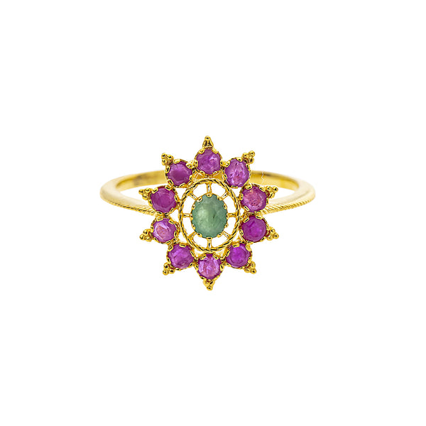 22K Yellow Gold, Emerald & Ruby Cocktail (2.7gm) | 



Embrace tradition and style with this 22k gold ring, highlighted by emerald and rubies, a bri...