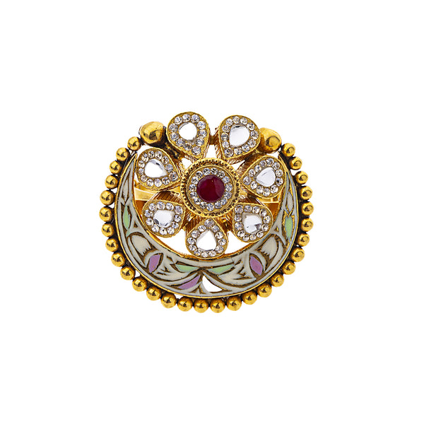 22K Yellow Gold, Kundan & Ruby Cocktail Ring (6.5gm) | 



Enhance your style with this radiant 22k gold ring, featuring Kundan and rubies, a must-have ...