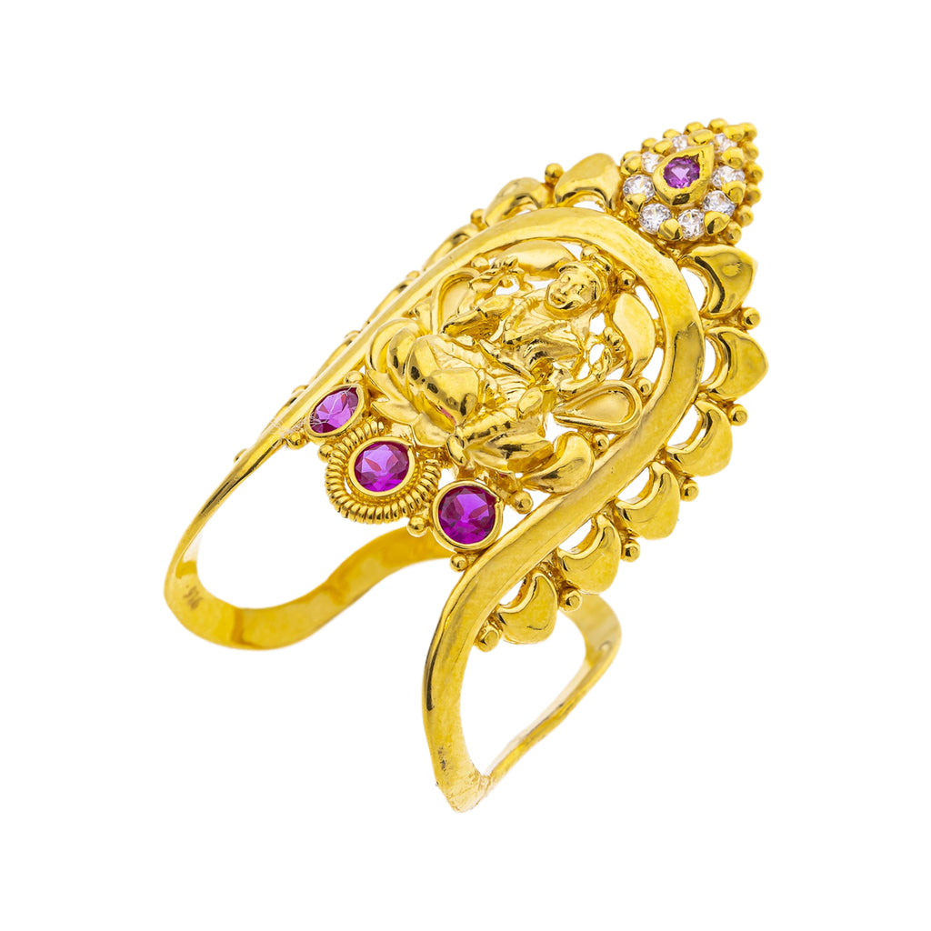 22K Yellow Gold Temple Vanki Ring w/ Ruby & CZ (5.3gm) | 



This luxurious 22k yellow gold Vanki ring, accented by cubic zirconia, rubies, and an elabora...