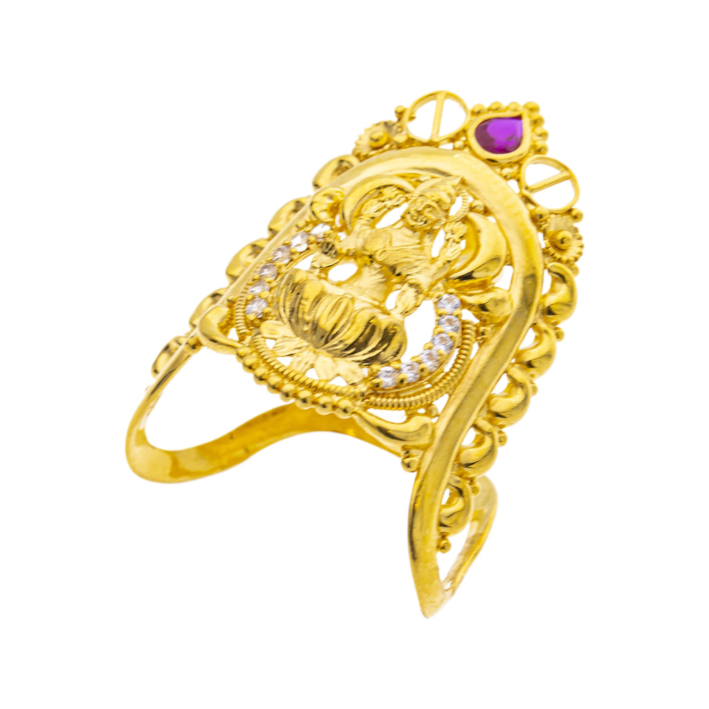 22K Yellow Gold Temple Vanki Ring w/ Ruby & CZ (4.9gm) | 



Unveil the beauty of this exquisite 22k yellow gold Vanki ring with Temple design, adorned wi...