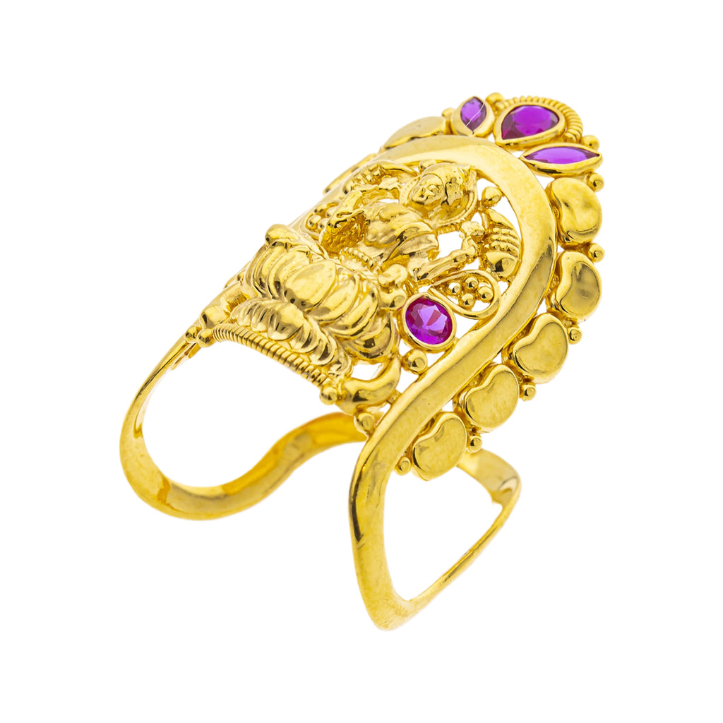 22K Yellow Gold Temple Vanki Ring w/ Ruby (4.3gm) | 



This stunning 22k yellow gold ring with sparkling rubies is a true embodiment of gold Temple ...