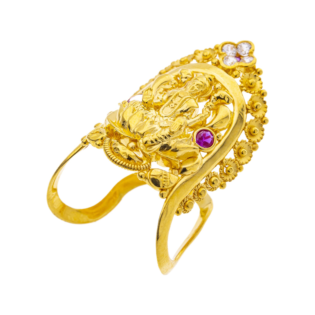 22K Yellow Gold Temple Vanki Ring w/ Ruby & CZ (6.1gm) | 



This 22k yellow gold Vanki ring with cubic zirconia and rubies is a dazzling symbol of elegan...