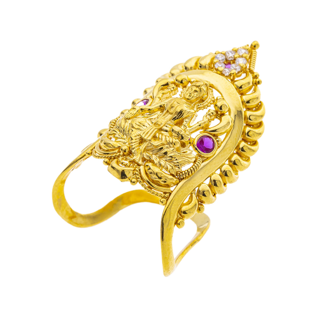 22K Yellow Gold Temple Vanki Ring w/ Ruby & CZ (5.2gm) | 



This 22k yellow gold Vanki ring with cubic zirconia and rubies is a luxurious testament to go...