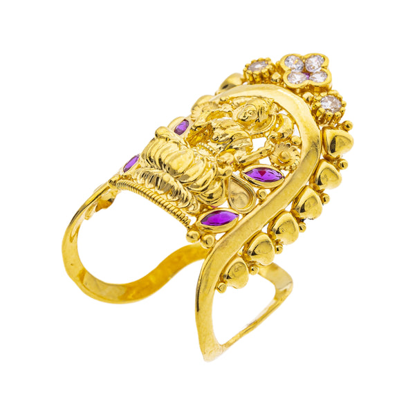 22K Yellow Gold Temple Vanki Ring w/ Ruby & CZ (5.8gm) | 



This exquisite 22k yellow gold Vanki ring, featuring cubic zirconia and rubies, is a radiant ...