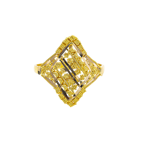 22K Yellow Gold Artisanal Cocktail Ring (2.4gm) | 



The charming details adorning this 22k yellow gold ring by Virani Jewelers adds a rich textur...