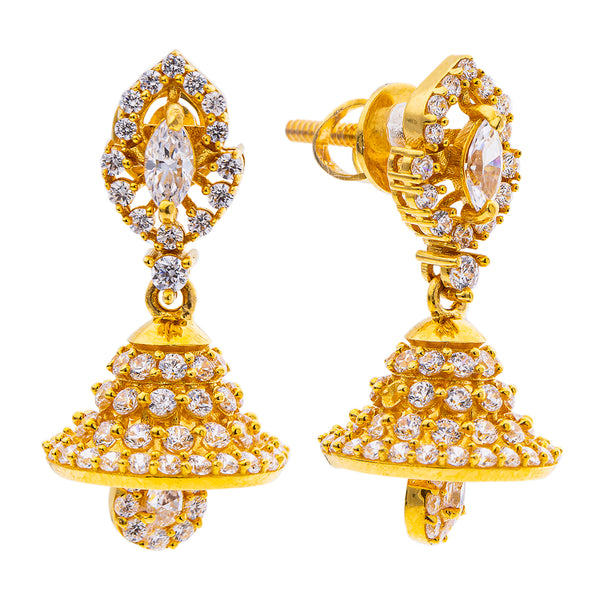 22K Yellow Gold & CZ Jhumki Earrings (6.7gm) | 



These 22k gold Jhumki earrings by Virani Jewelers exude luxury, blending the charm of Indian ...