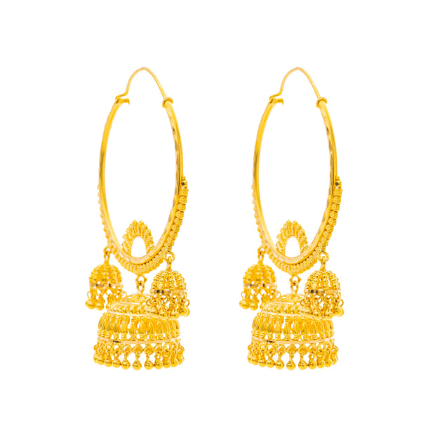 22K Yellow Gold Jhumki Hoop Earrings (28.9gm) | Sophisticated and stunning, these 22k yellow gold Jhumki hoop earrings by Virani Jewelers are a r...