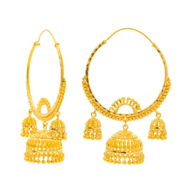 22K Yellow Gold Jhumki Hoop Earrings (28.9gm) | Sophisticated and stunning, these 22k yellow gold Jhumki hoop earrings by Virani Jewelers are a r...