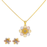 22K Multi-Tone Gold 18 inch Pendant Necklace Set w/ CZ (10.7gm) | 



This floral shaped, 22k multi-tone gold pendant necklace and earring set has a modern design ...