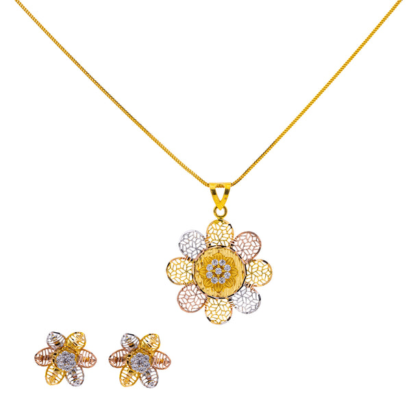 22K Multi-Tone Gold 18 inch Pendant Necklace Set w/ CZ (10.7gm) | 



This floral shaped, 22k multi-tone gold pendant necklace and earring set has a modern design ...