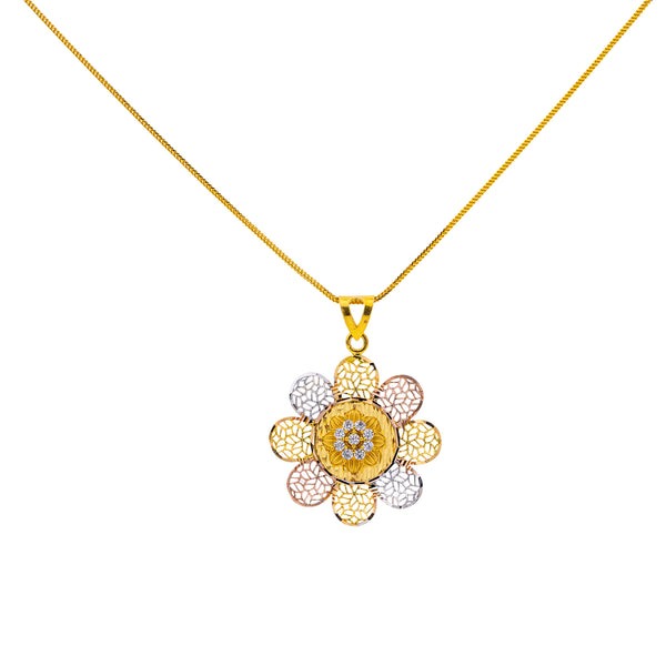 22K Multi-Tone Gold 18 inch Pendant Necklace Set w/ CZ (10.7gm) | 



This floral shaped, 22k multi-tone gold pendant necklace and earring set has a modern design ...