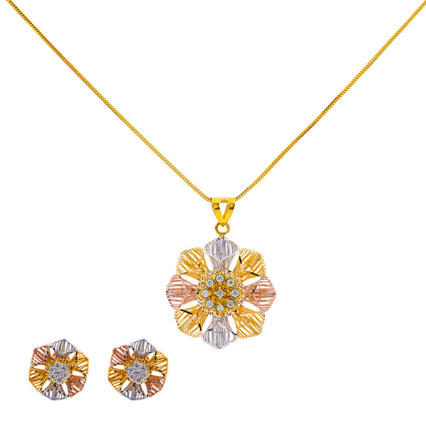 22K Multi-Tone Gold 18 inch Pendant Necklace Set w/ CZ (12.7gm) | 



The ladylike design of this 22k multi-tone gold pendant necklace and earring set by Virani Je...