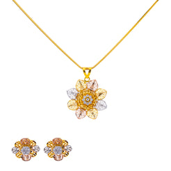 22K Multi-Tone Gold 18 inch Pendant Necklace Set w/ CZ (12.2gm)