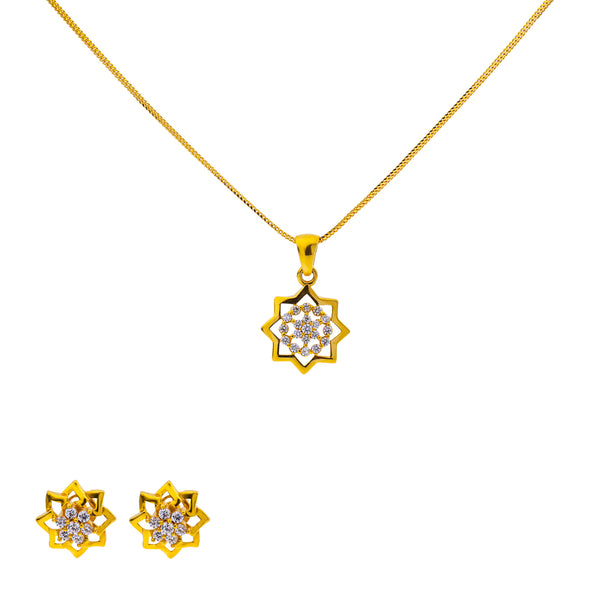 22K Yellow Gold 17 inch Pendant Necklace Set w/ CZ (6.7gm) | Radiate sophistication with this 22k gold pendant necklace and earring set by Virani Jewelers, wh...