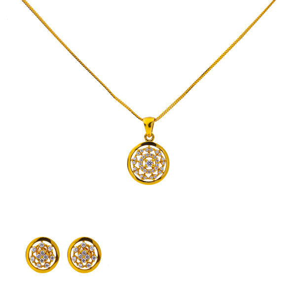 22K Yellow Gold 17 inch Pendant Necklace Set w/ CZ (7gm) | This 22k yellow gold pendant necklace and earring set by Virani Jewelers captures the brilliance ...