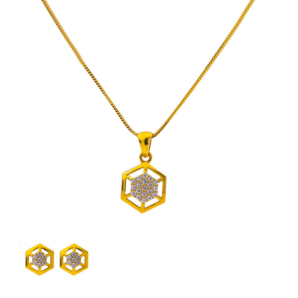 22K Yellow Gold 17 inch Pendant Necklace Set w/ CZ (6.4gm) | Adorn yourself with the sophisticated graced of this 22k yellow gold pendant necklace set by Vira...