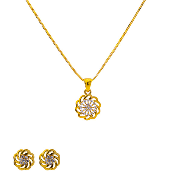 22K Yellow Gold 17 inch Pendant Necklace Set w/ CZ (6.9gm) | Radiate charm when you adorn yourself with this 22k yellow gold pendant necklace and earring set ...