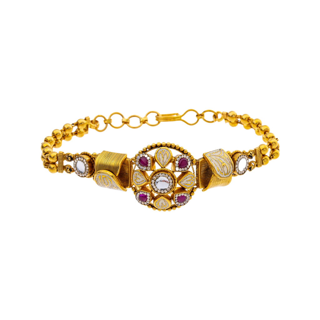 22K Yellow Gold 7 inch Bracelet w/ Kundan, Ruby, & CZ (16.8gm) | 



Enrich your ensembles with Virani Jewelers' 22k yellow gold bracelet adorned with the rubies,...