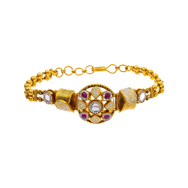 22K Yellow Gold 7 inch Bracelet w/ Kundan, Ruby, & CZ (16.8gm) | 



Enrich your ensembles with Virani Jewelers' 22k yellow gold bracelet adorned with the rubies,...