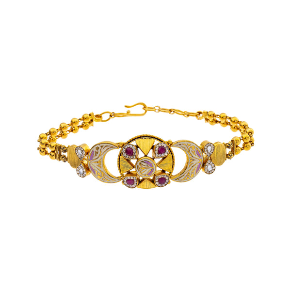 22K Yellow Gold 6.5 inch Bracelet w/ Kundan, Ruby, & CZ (16gm) | 



This 22k yellow gold bracelet by Virani Jewelers with Kundan, rubies, and cubic zirconia offe...