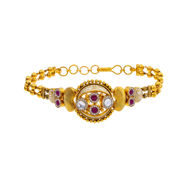 22K Yellow Gold 7 inch Bracelet w/ Kundan, Ruby, & CZ (16gm) | 



Sophisticated and stylish, this 22k yellow gold bracelet by Virani Jewelers, adorned with rub...