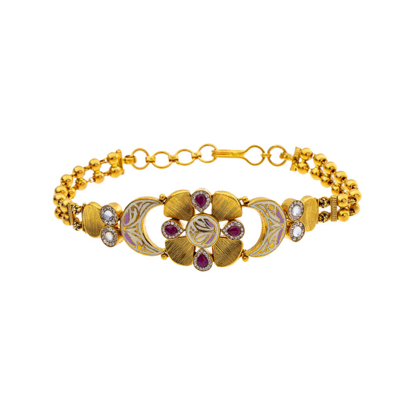 22K Yellow Gold 7 inch Bracelet w/ Kundan, Ruby, & CZ (15.3gm) | 



Step into realm of elegance with this 22k yellow gold bracelet by Virani Jewelers with Kundan...