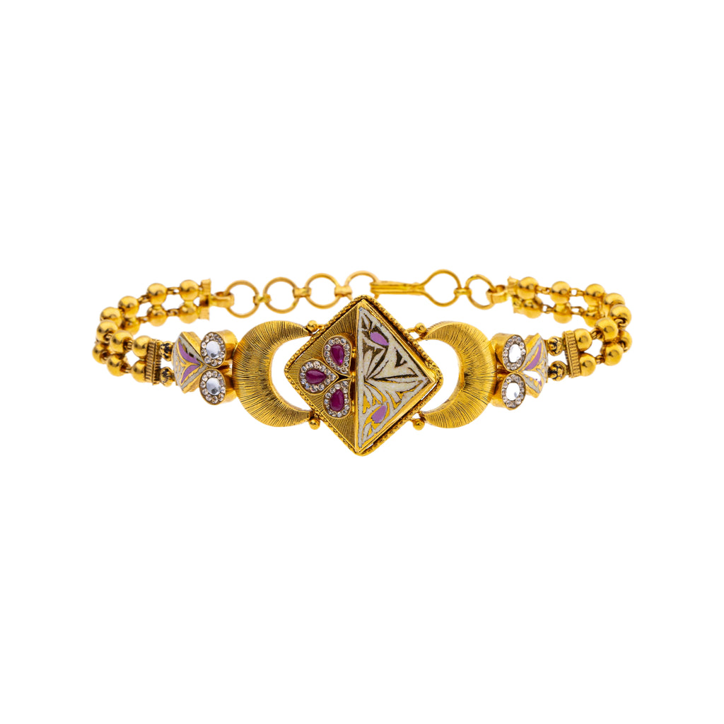 22K Yellow Gold 7 inch Bracelet w/ Kundan, Ruby, & CZ (15.9gm) | 



This 22k yellow gold bracelet with Kundans, rubies, and cubic zirconia from Virani Jewelers c...